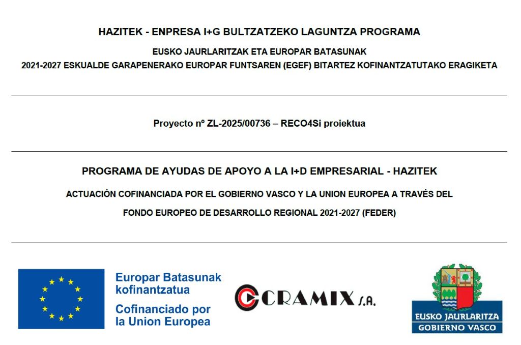 Cartel oficial de financiación del proyecto RECO4Si para Cramix S.A. (Hazitek/FEDER) Cartel informativo del proyecto RECO4Si de Cramix, financiado por Hazitek y fondos FEDER del Gobierno Vasco y la Unión Europea